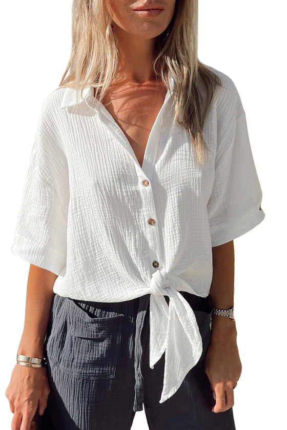 White Textured Knotted Button-up Half Sleeve Blouse