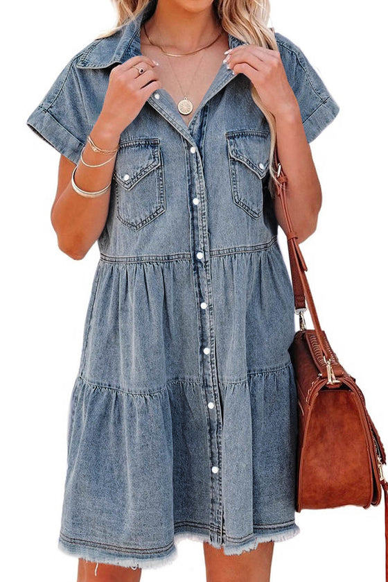 Blue Button Up Short Sleeve Denim Shirt Dress