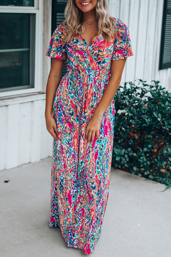 Abstract Print Wrap V Neck Flutter Sleeve Mid Length Summer Dress | Available in Blue