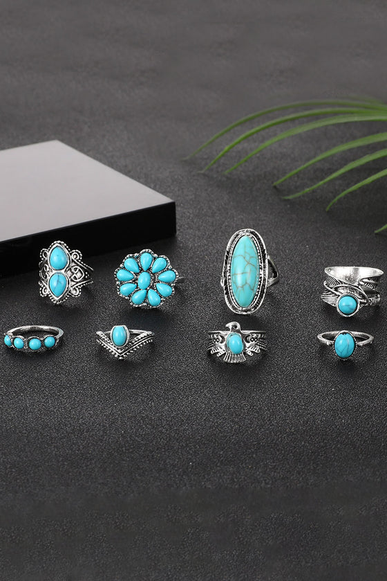 Green 8Pcs Vintage Style Turquoise Ring Set