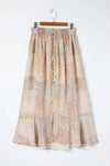 Peach Colored Boho Flower Print Smocked Waist Button Slit Maxi Skirt