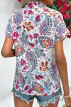 Sky Blue Floral Print Casual V Neck Short Sleeve Blouse