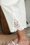 White Lace Splicing Drawstring Linen Pants