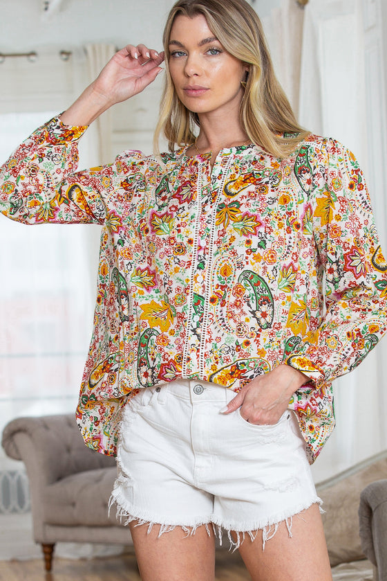 Multicolor Boho Floral Print Puff Sleeve Shirt