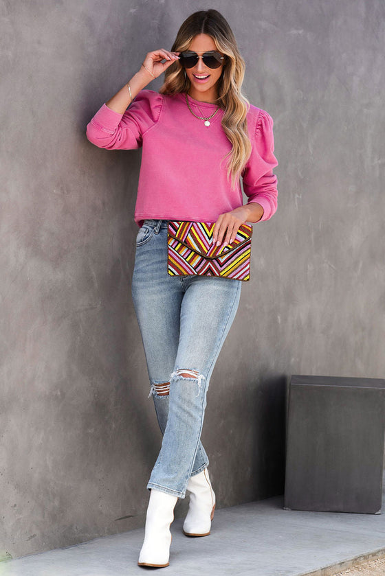 Pink Vintage Washed Puff Sleeve Sweatshirt | Also Available in Green