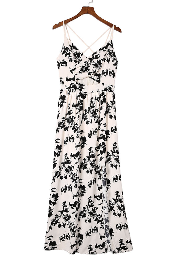 Beige Crossover Maxi Floral Dress with Slit