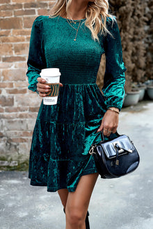  Green Velvet Smocked Puff Sleeve Ruffle Mini Dress