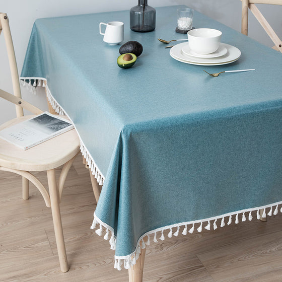 Solid Colored Tablecloth with Ivory Tasseled Corners or Tassel Trim