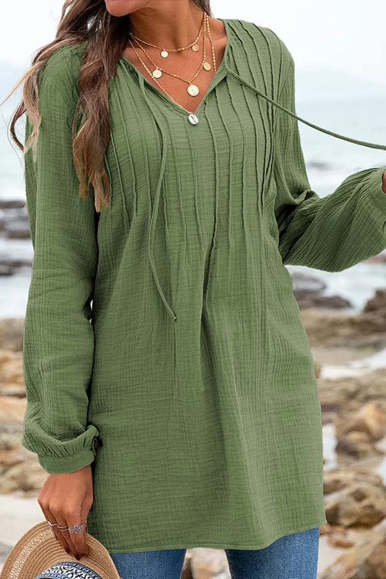 Green Pleated V Neck Crinkled Loose Tunic Top | Available in 2 Colors