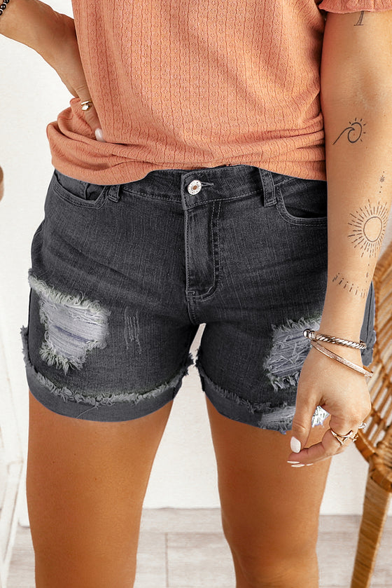 Light Blue Casual Ripped Rolled Hem Denim Shorts