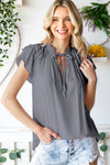 Gray V Neck Tiered Ruffle Sleeve Top | Available in 2 Colors