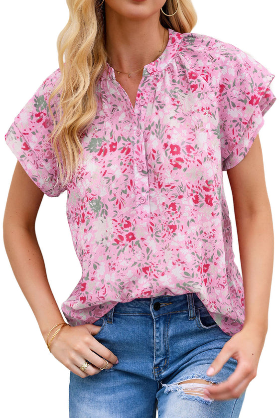 Floral Button Notch Neck Ruffle Sleeve Blouse | Available in 2 Colors