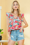 Wholesale Rose Red Boho Floral Print Ruffle Tie V Neck Sleeveless Shirt