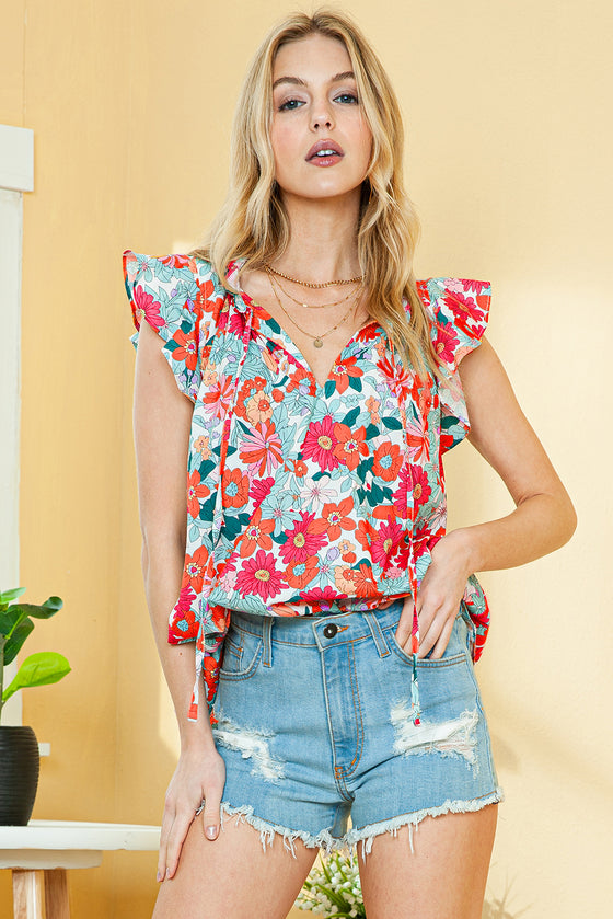 Wholesale Rose Red Boho Floral Print Ruffle Tie V Neck Sleeveless Shirt