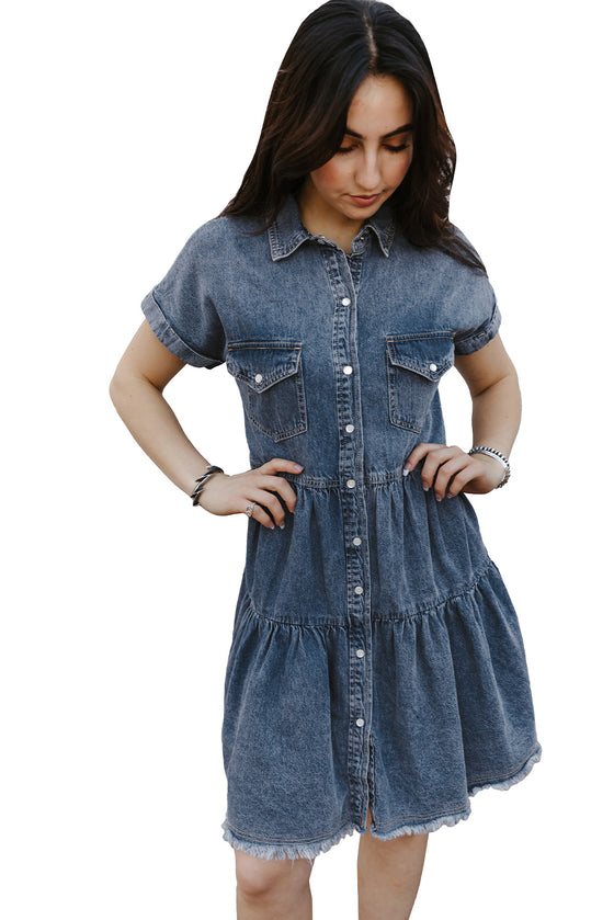 Blue Button Up Short Sleeve Denim Shirt Dress