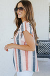 Pink and Blue Stripes V Neck Blouse