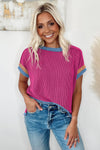 Bright Pink Textured Contrast Color T Shirt | Available in 4 Colors