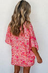 Pink Boho Floral Print V Neck Oversized Blouse