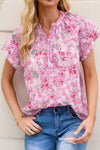 Floral Button Notch Neck Ruffle Sleeve Blouse | Available in 2 Colors