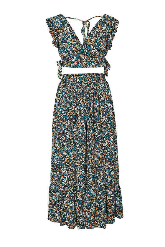 Ditsy Floral Print Ruffled Crop Top & Flounce Hem Maxi Skirt Set