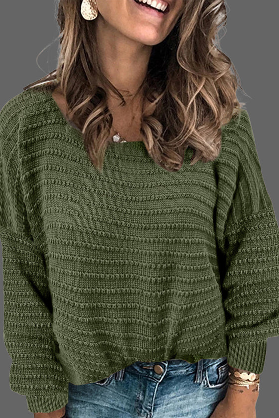 Green Textured Knit Round Neck Dolman Sleeve Sweater