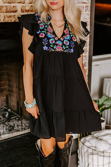  Black Floral Embroidered Frill Neck Ruffle Babydoll Tiered Dress