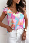 Pastel Geometric Print V-Neck Pleated Top