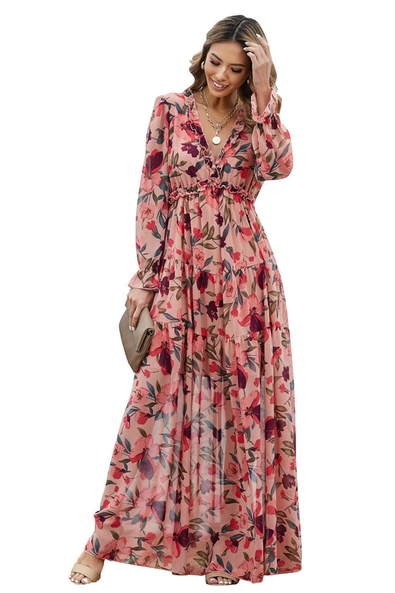 Pastel Red Floral Print Ruffle Trim Plunge Neckline Maxi Dress