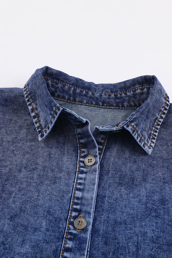 Dark Blue Rached Puff Sleeve Button-Up Denim Shirt