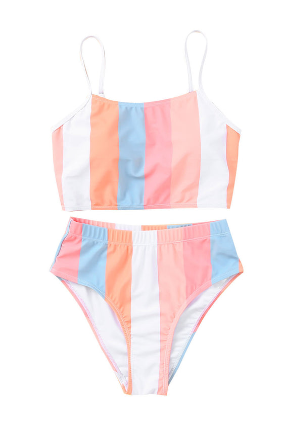 Orange Striped Colorblock High Waist Two Piece Swimsuit