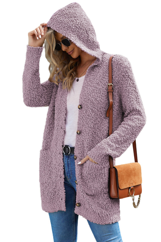 Pink Fuzzy Popcorn Pocket Long Sleeve Knit Cardigan