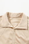 Brown Zip Up Stand Collar Thumbhole Sleeve Sweatshirt