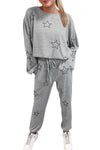 Black Stars Print Long Sleeve Top and Drawstring Pants Set | Available in Gray