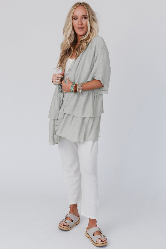 Green Ruffled Trim Short Sleeve Open Front Kimono | Available in Other Colors