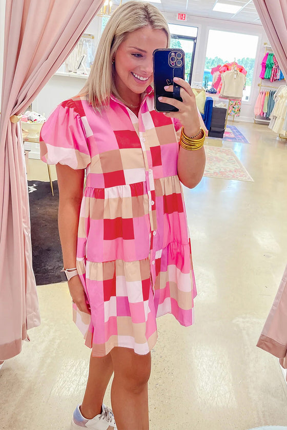 Pink Colorblock Plaid Puff Sleeve Tiered Mini Dress