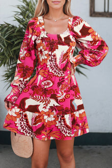  Rose Floral Print Square Neck Flared Dress