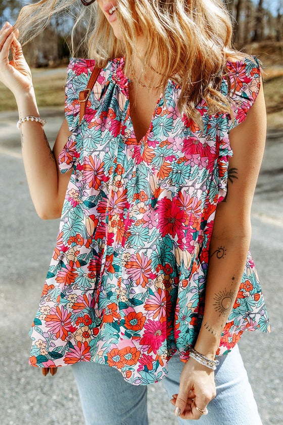 Wholesale Rose Red Boho Floral Print Ruffle Tie V Neck Sleeveless Shirt