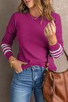 Green Casual Crew Neck Striped Sleeve Knit Sweater | Additional Colors Variants