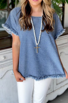  Sky Blue Raw Edge Denim Top