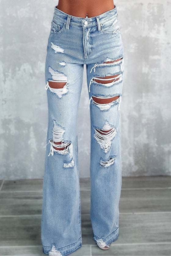 Sky-Blue Vintage Distressed Ripped Wide Leg Jeans