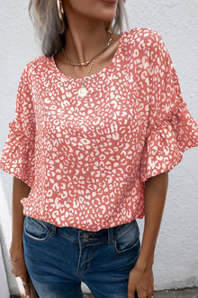  Pink Leopard Print Casual Flounce Sleeve Blouse for Women