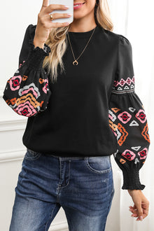  Black Geometric Lantern Sleeve Round Neck Blouse