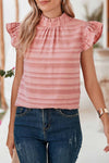 Coral Paradise Textured Striped Frill Neck Knot Ruffle Top