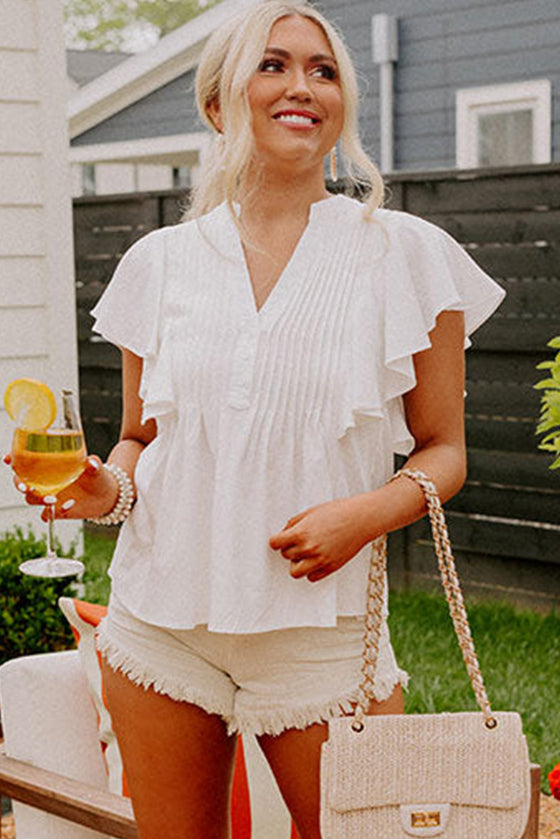 White V Neck Pleated Front Ruffled Sleeve Blouse