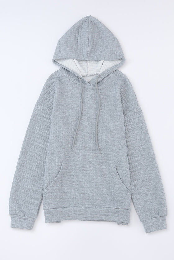 White Lattice Textured Kangaroo Pocket Drawstring Hoodie