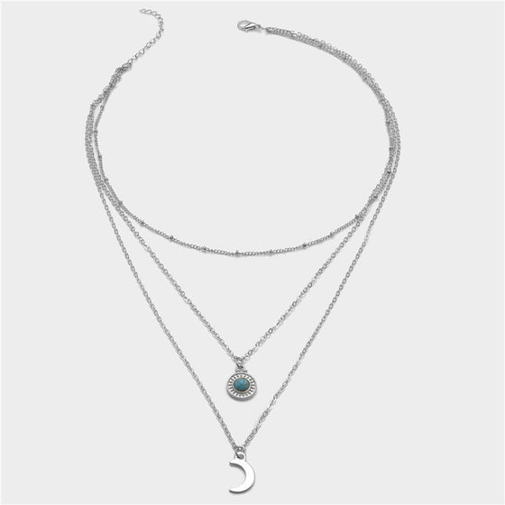 Turquoise Multilayer Necklace Metal Moon Pendant Necklace