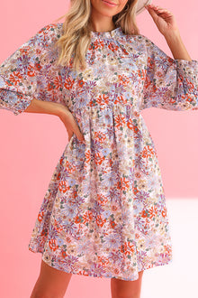  Purple Floral Boho Frilled Neck Shirred Cuffs Mini Dress