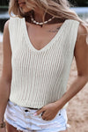 White Hollowed Knit V Neck Tank Top | Available in 2 Colors