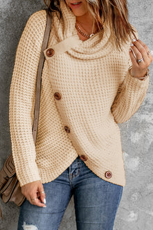  Beige Casual Knitted Buttons Front Cowl Neck Sweater | Other Colors Available