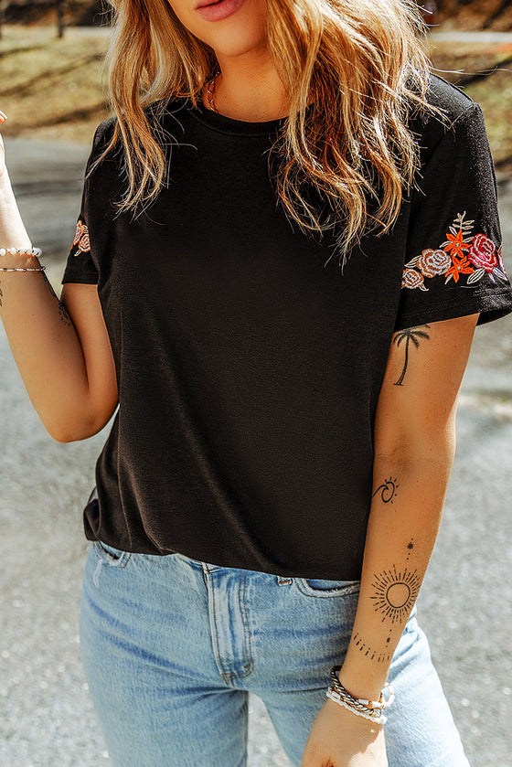 Black Casual Floral Embroidered T-Shirt